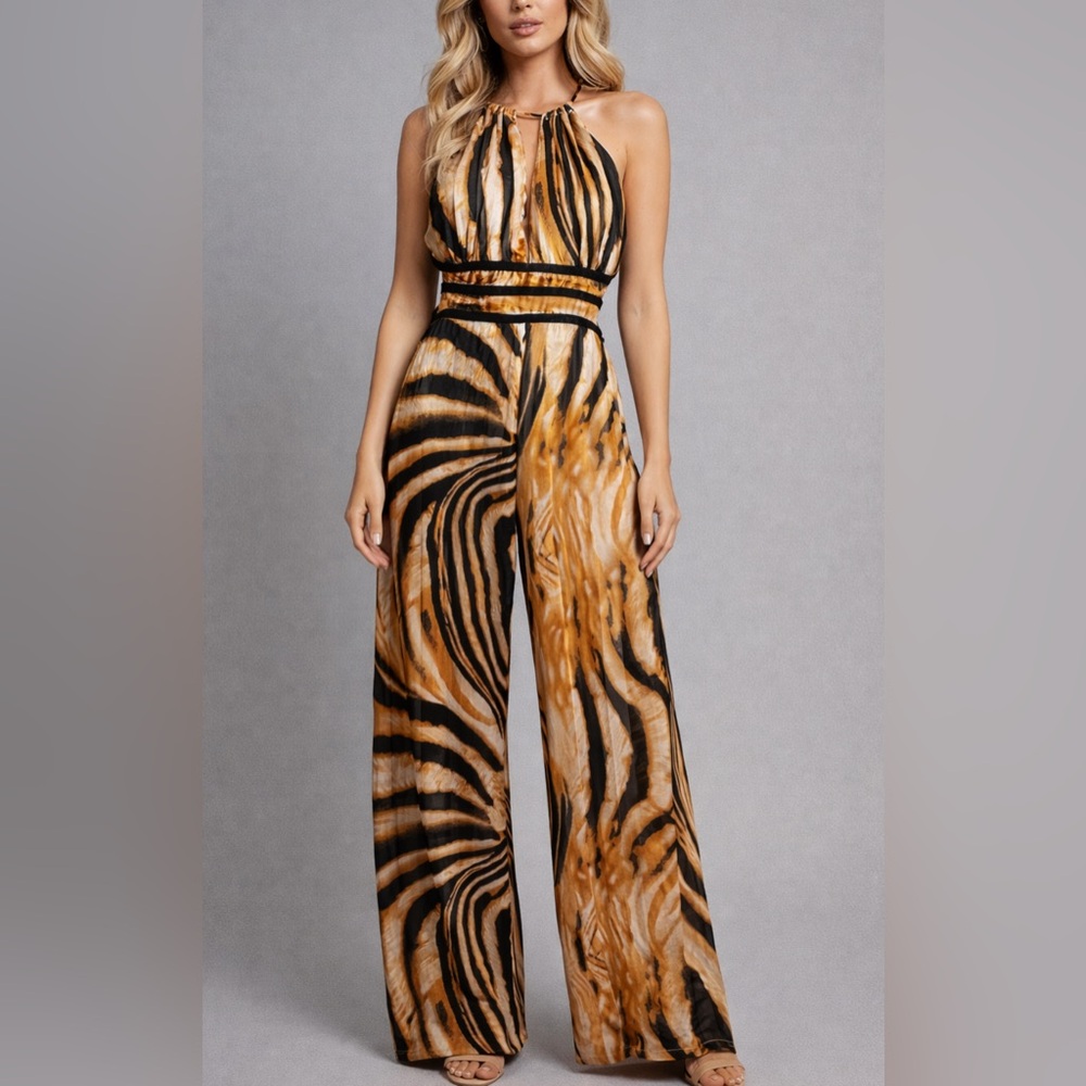 Fashion Nova Animal Print Halter Wide Leg Jumpsuit Brown Black Large EUC